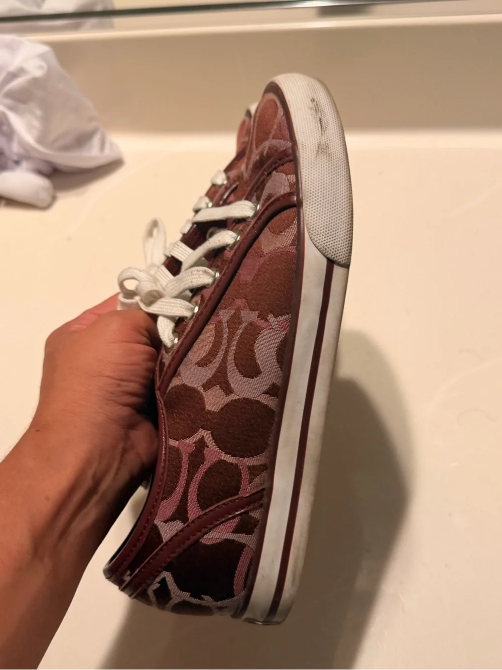 Coach Women's Burgundy Signature Canvas Sneakers with White Laces
